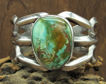 Vintage Southwestern Sterling Silver Turquoise Sand Cast Cuff Bracelet