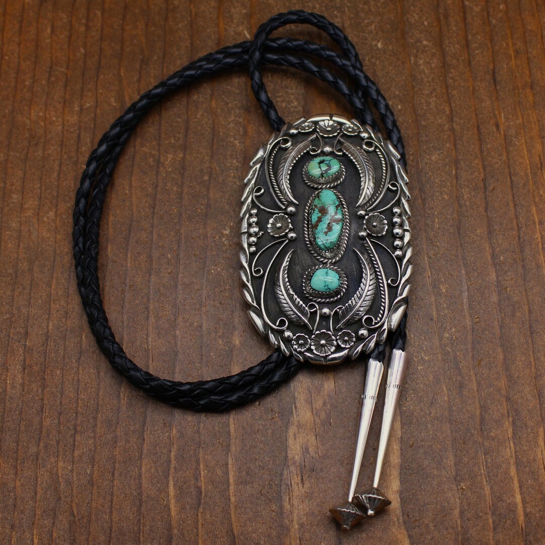 Ornate Navajo Style Sterling Silver and Turquoise Bolo Tie * - Etsy