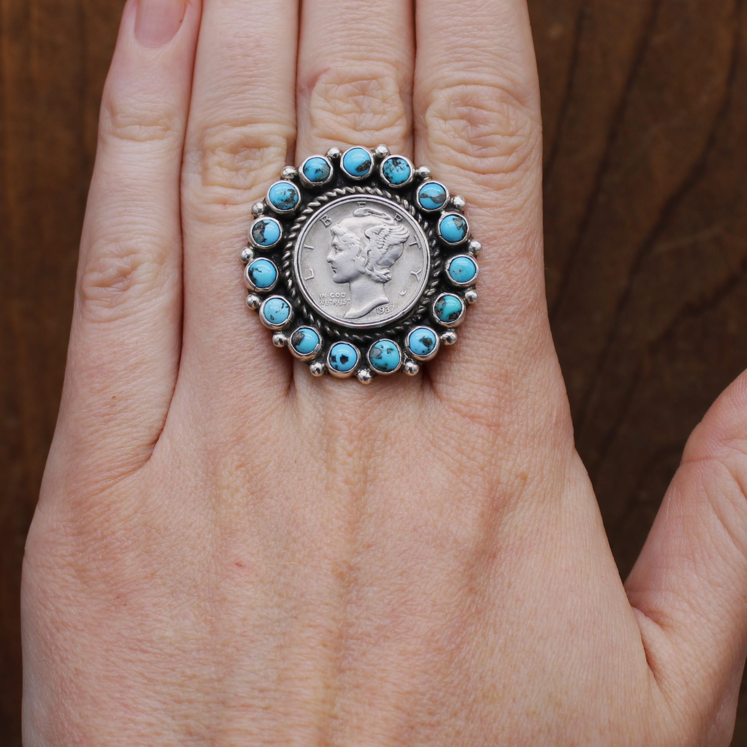 Daime Rind Sterling Silver Turquoise Liberty Dime Ring by V & C Hale Size 8.5 - Etsy