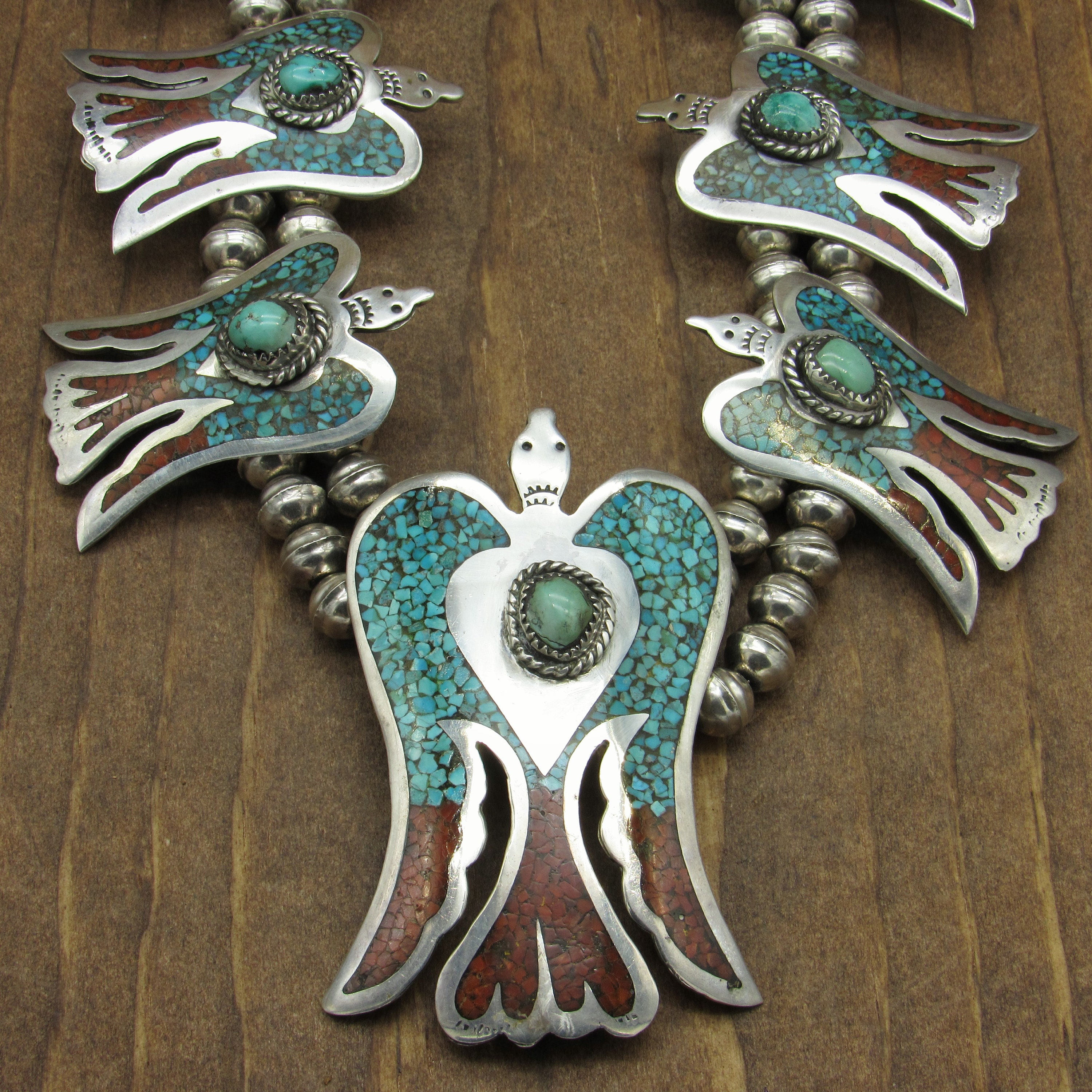 Sterling Silver Coral and Turquoise Chip Inlay Peyote Bird Squash