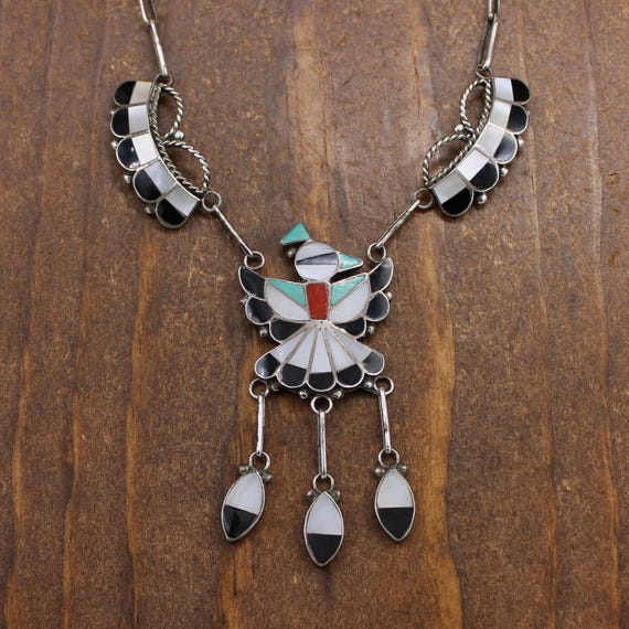 Sterling Silver Multi-stone Inlay Thunderbird Pendant Choker by