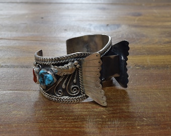Vintage Navajo Sterling Silver Turquoise and Coral Watch Cuff*