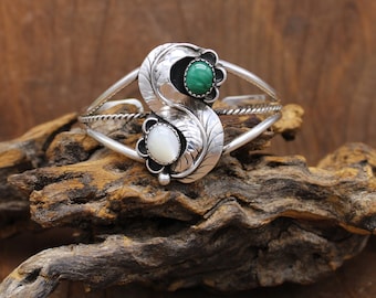 Vintage Sterling Silver Malachite and Mother of Pearl Cuff Bracelet