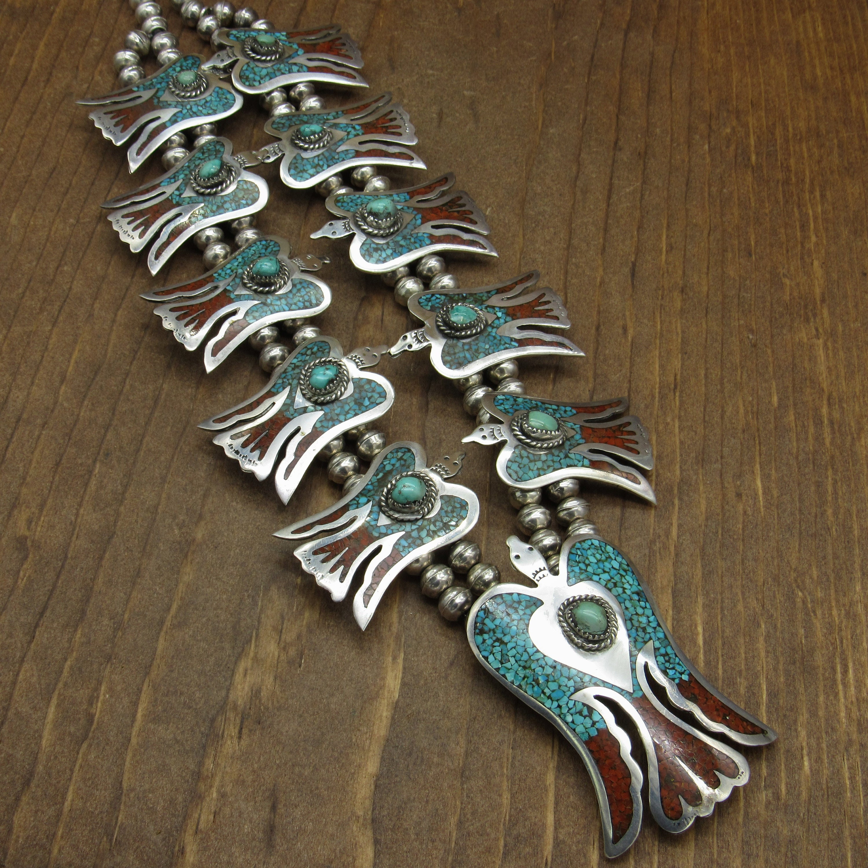 Sterling Silver Coral and Turquoise Chip Inlay Peyote Bird Squash
