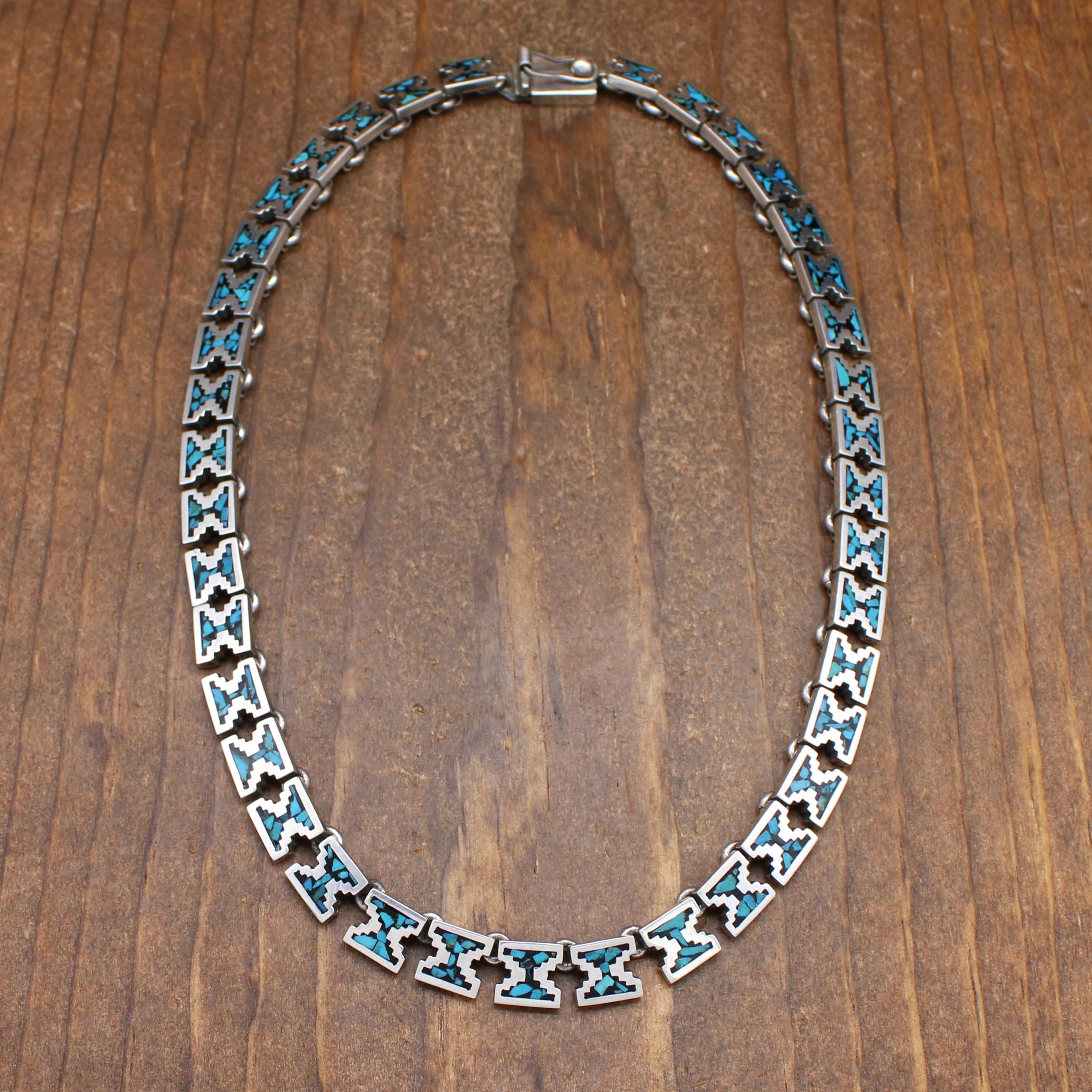 Taxco Mexico Sterling Silver Turquoise Chip Inlay Link Necklace