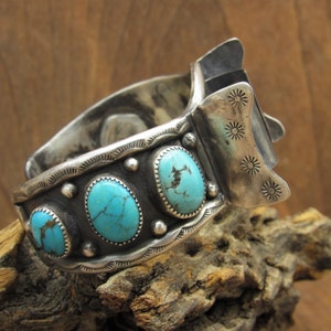 Sterling Silver Turquoise Watch Cuff Bracelet With Six Stones image 3