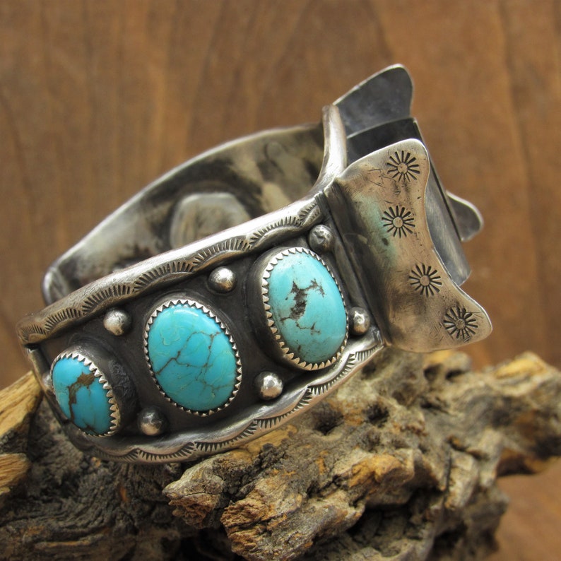 Sterling Silver Turquoise Watch Cuff Bracelet With Six Stones image 3