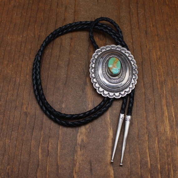 Sterling Silver Concho Style Bolo With Green Turqu