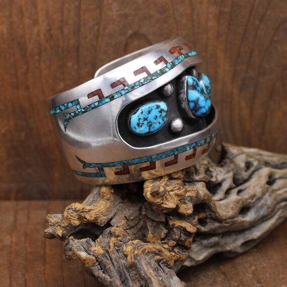 Sterling Silver JJ Wilson Turquoise Coral Chip Inlay and Nugget