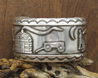 Vintage Navajo Sterling Silver Storyteller Cuff Bracelet