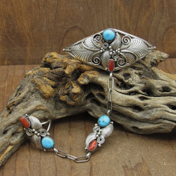 Impressive Vintage Native American Navajo Morenci Turquoise Coral Sterling Silver Slave Bracelet Impressive Vintage Native American Navajo Morenci Turquoise Coral Sterling Silver Slave Bracelet