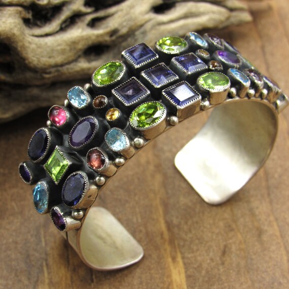 Vintage Sterling Silver and Faceted Multi Stone Cuff Bracelet by 