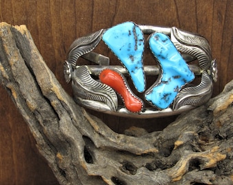 Vintage Sterling Silver Coral and Turquoise Cuff Bracelet*