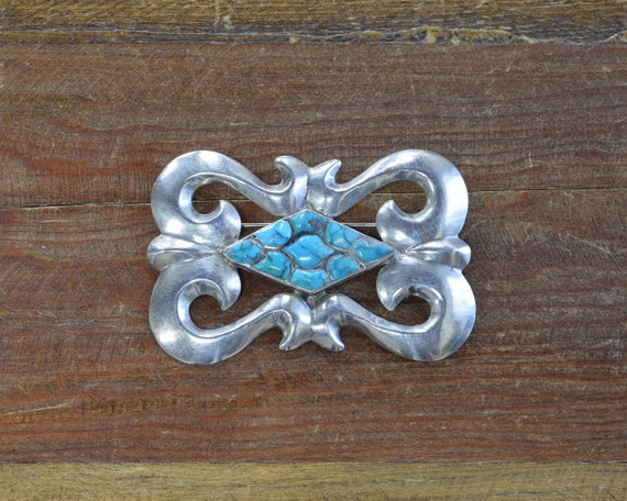 Southwest Sterling Silver Cast Pin with Turquoise… - image 1