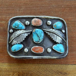Vintage Turquoise and Coral Sterling Silver Belt Buckle
