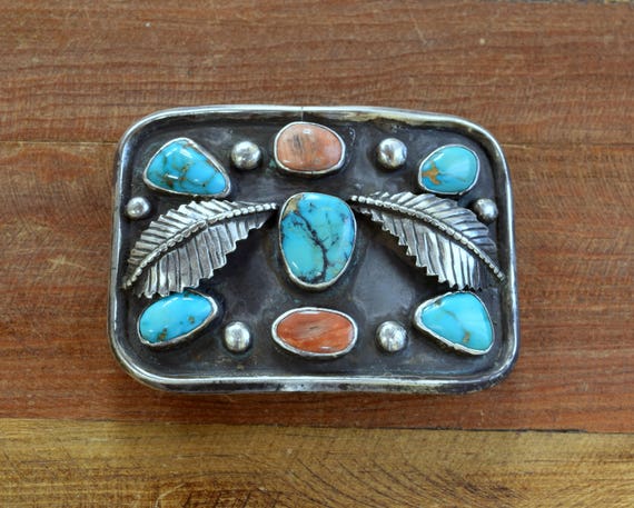 Vintage Turquoise and Coral Sterling Silver Belt Buckle - Etsy display picture 1