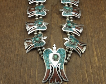 Sterling Silver Coral and Turquoise Chip Inlay Peyote Bird Squash