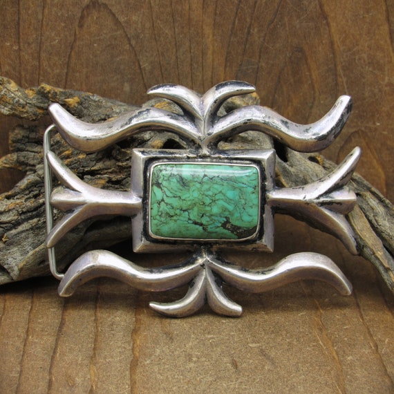 Boucle De Ceinture Vintage Navajo Apachitc En Argent Sterling Avec Corail Et Turquoise - Occasion