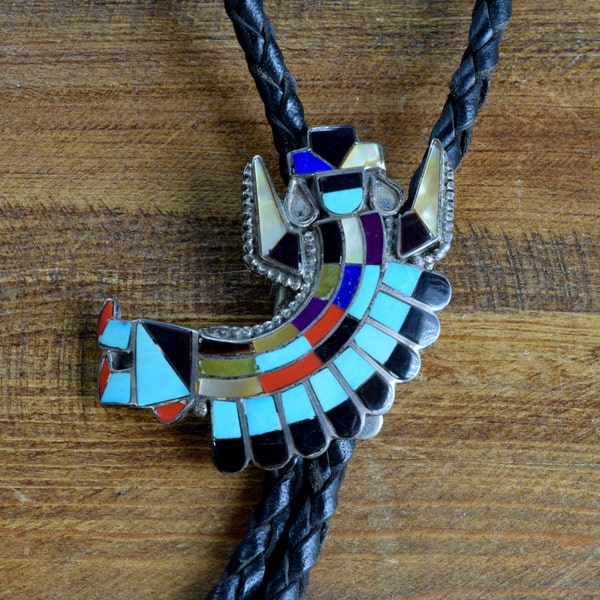 Vintage Zuni Multi-Stone Rainbow Yei Inlay Sterling Silver Bolo Tie