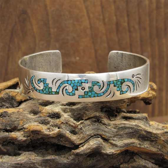 Sterling Silver Turquoise Chip Inlay Cuff Bracelet by Benson Boyd