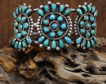 Sterling Silver Block Turquoise Flower Cluster Cuff Bracelet