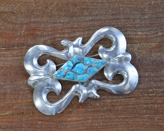 Southwest Sterling Silver Cast Pin with Turquoise… - image 3