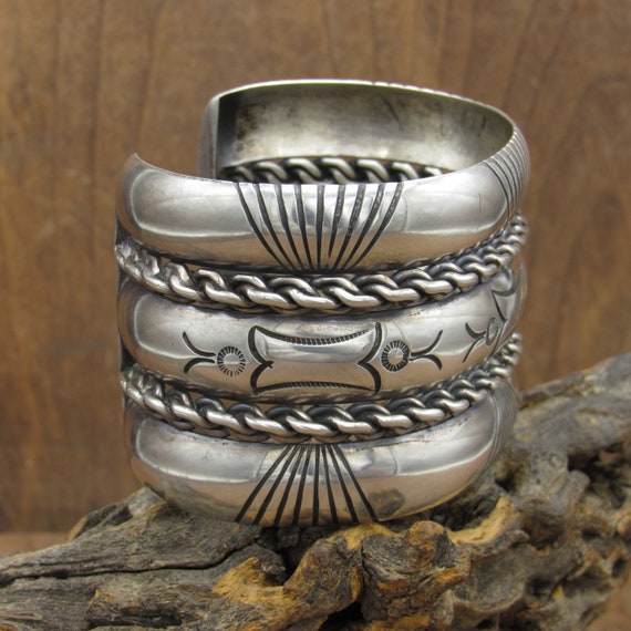 Vintage Wide Sterling Silver Stamped Cuff Bracelet - image 3