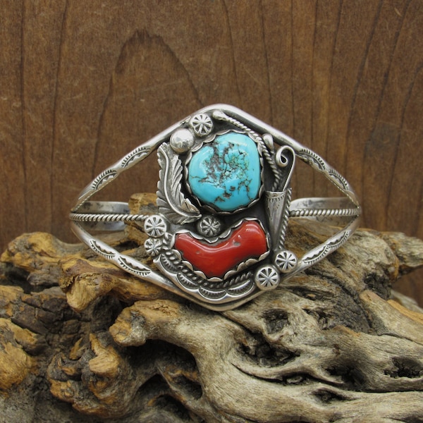 Vintage Turquoise And Coral Intricate Stamp Work Cuff By Sharon Cisco