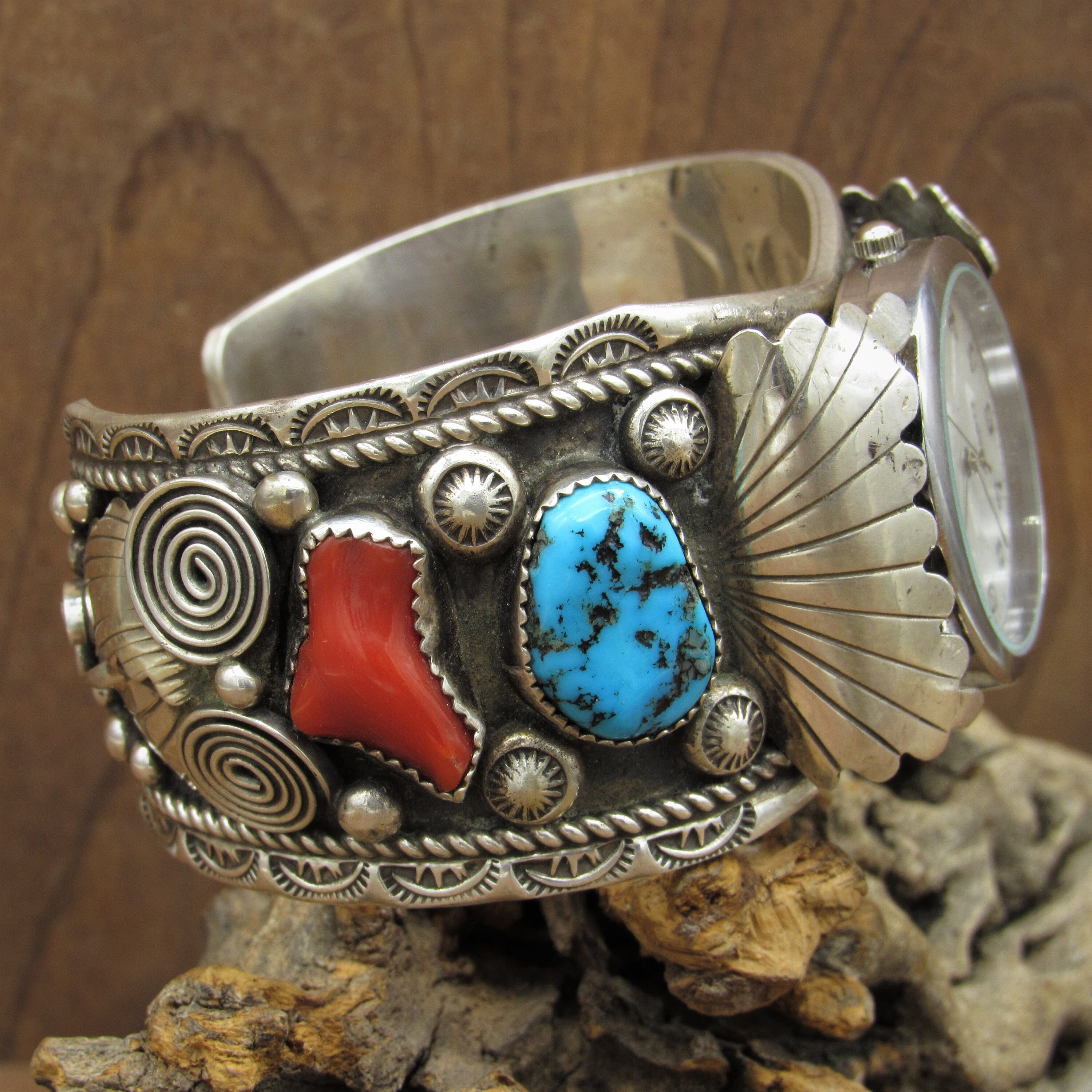 Sterling Silver Men's Watch Cuff With Coral and Turquoise Sterling Silver Men's Watch Cuff With Coral and Turquoise