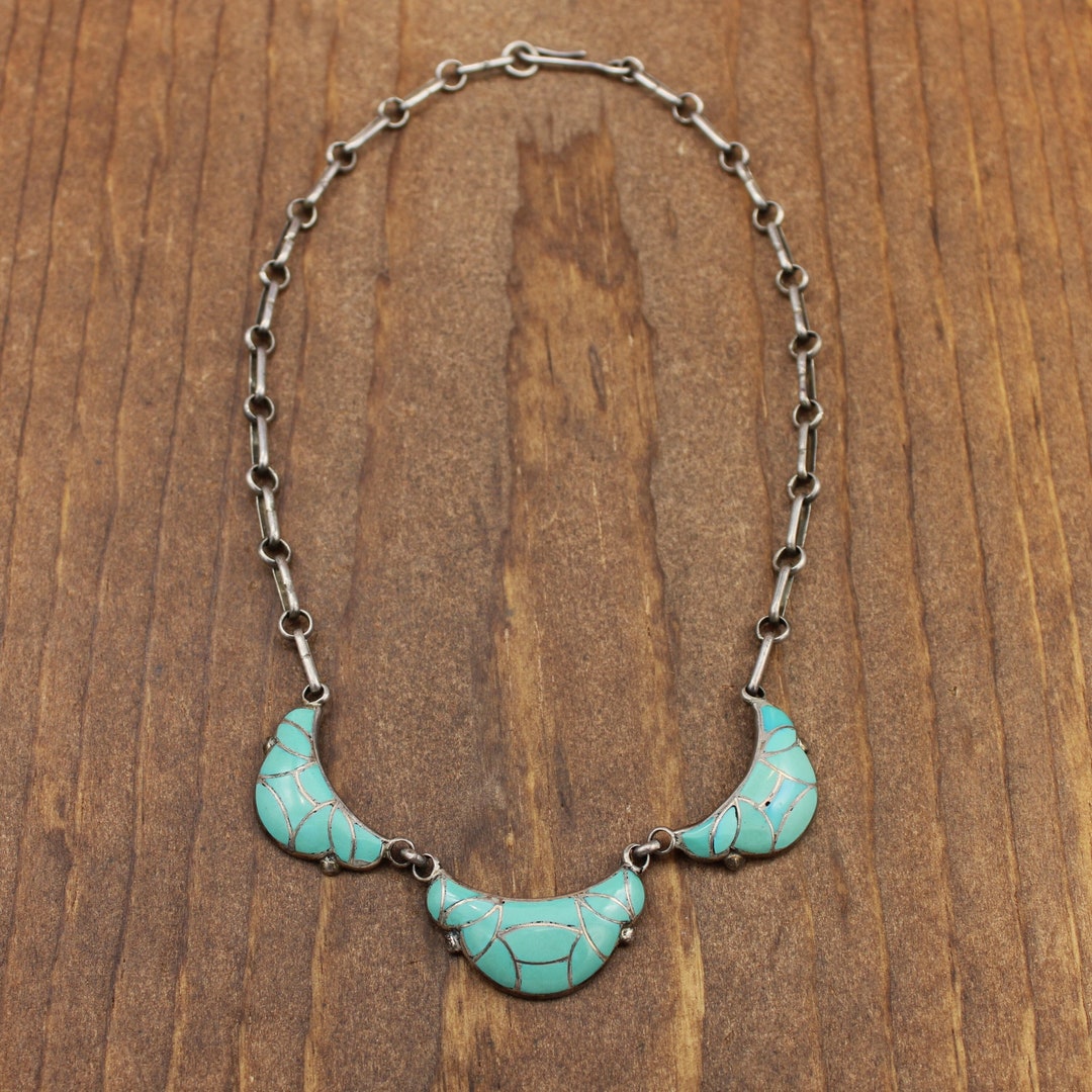 Vintage Southwest Sterling Silver Necklace With Turquoise Inlay - Etsy