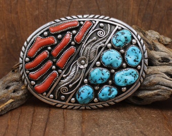 Sterling Silver Turquoise Belt Buckle - Signed JW NAVAJO INDIAN BUCKLE (JW TOADLENA) - R. G. Munn Auction LLC main image 3