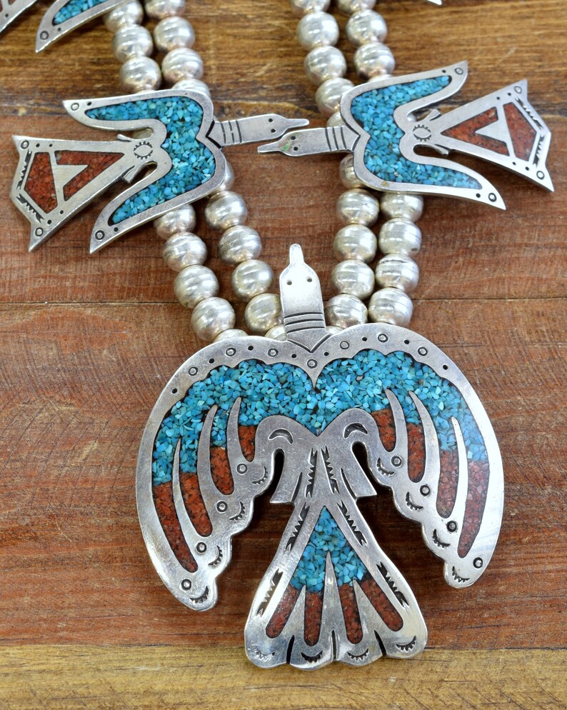 Vintage Peyote Bird Chip Inlay Navajo Squash Blossom Necklace Etsy