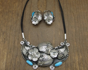 Sterling Silver Large flower and Leaves Necklace and Earrings Set From Mexico*
