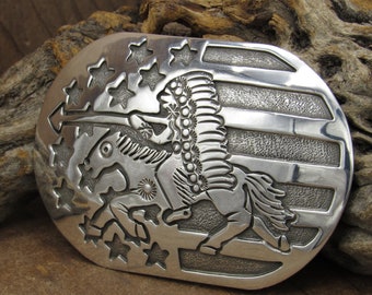 Navajo Sterling Silver Stars Stripes and Warrior Belt Buckle by Becenti
