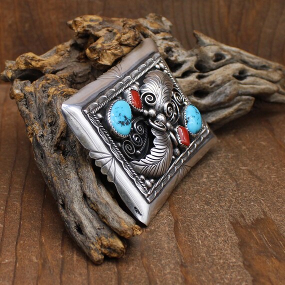 Ornate Sterling Silver Rectangular Turquoise and … - image 2