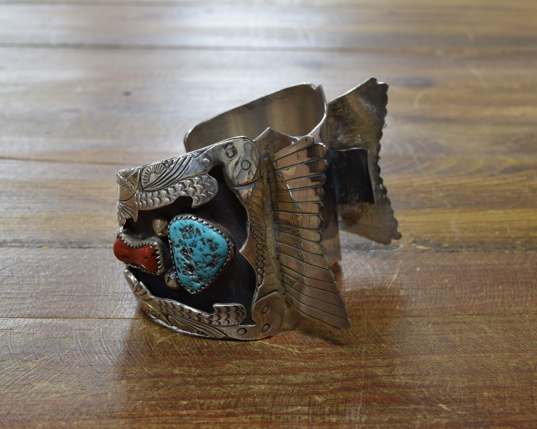 Vintage Navajo Sterling Silver Turquoise and Coral Watch Cuff - Etsy