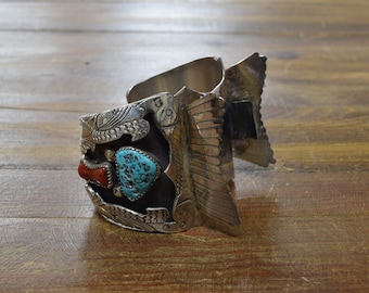 Vintage Navajo Sterling Silver Turquoise and Coral Watch Cuff
