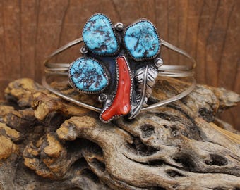 Vintage Sterling Silver Turquoise and Coral Cuff Bracelet*
