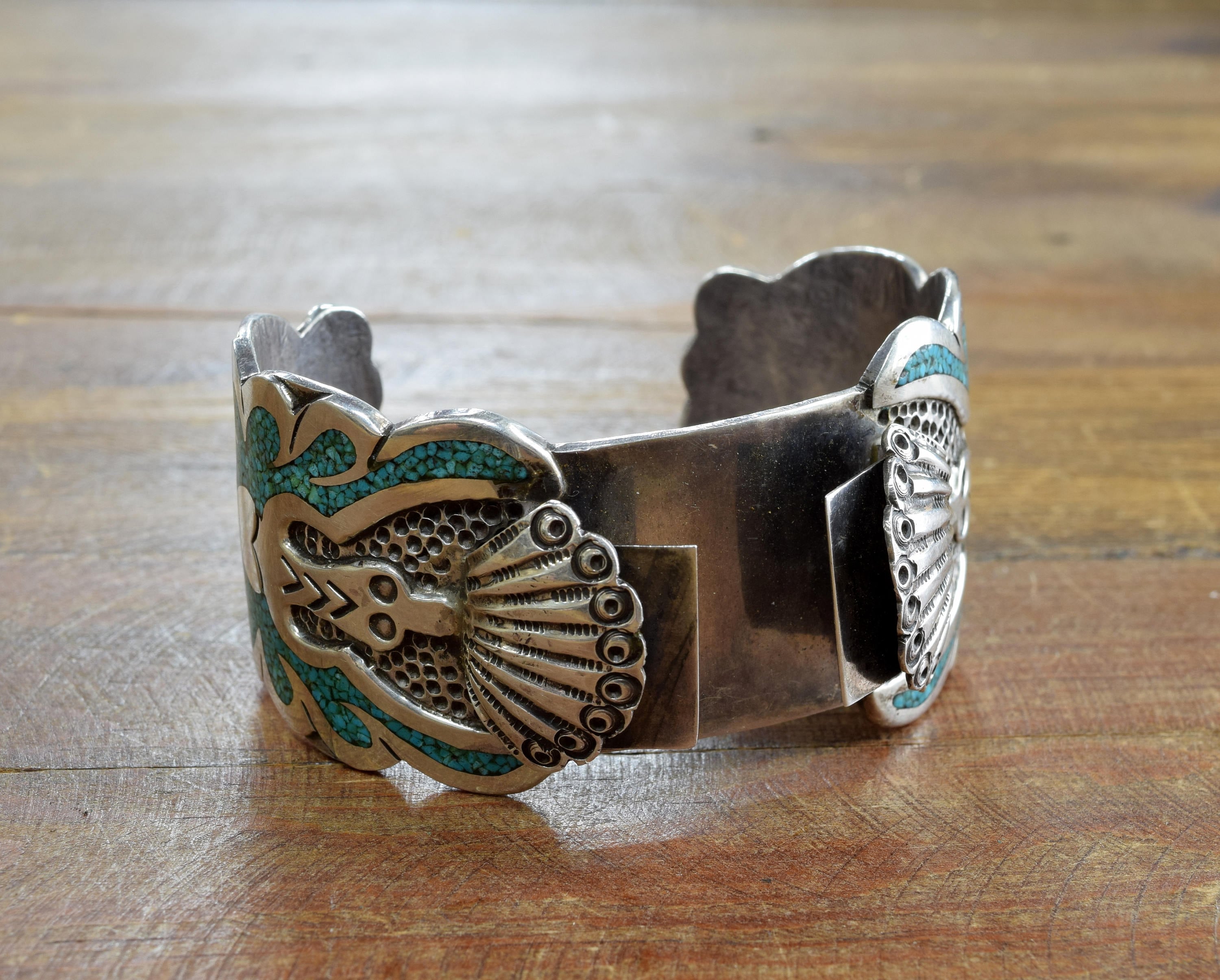 Navajo Vtg ペヨーテバードチップインレイ SterlingSilver Marvelous Vintage Native American Navajo Turquoise Chip