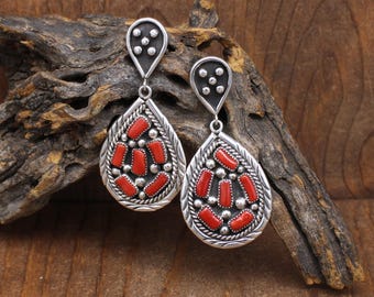 Large Stunning Sterling Silver and Coral Post Earrings by C Charley*