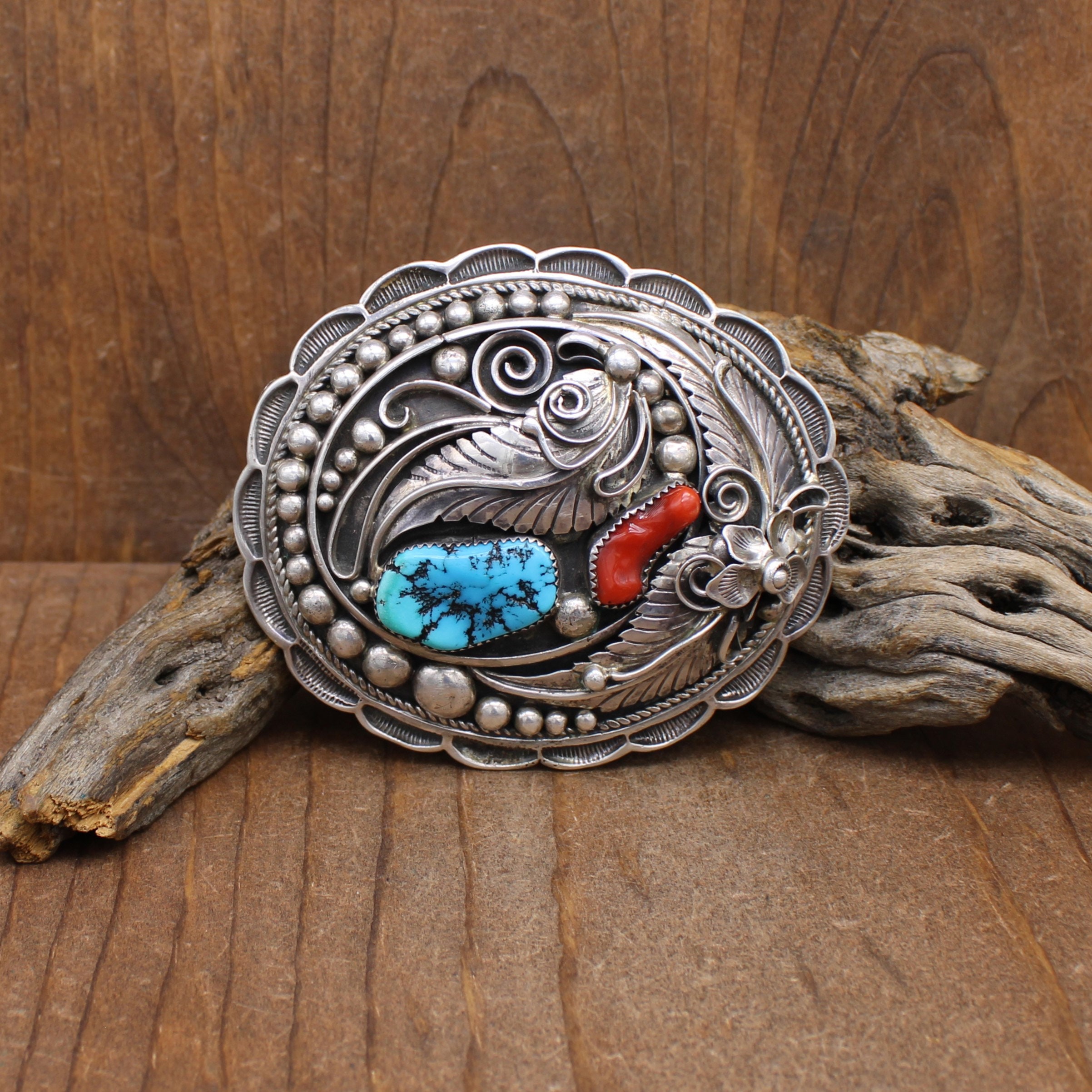 Ornate Sterling Silver Turquoise and Coral Buckle by Navajo  display picture 3