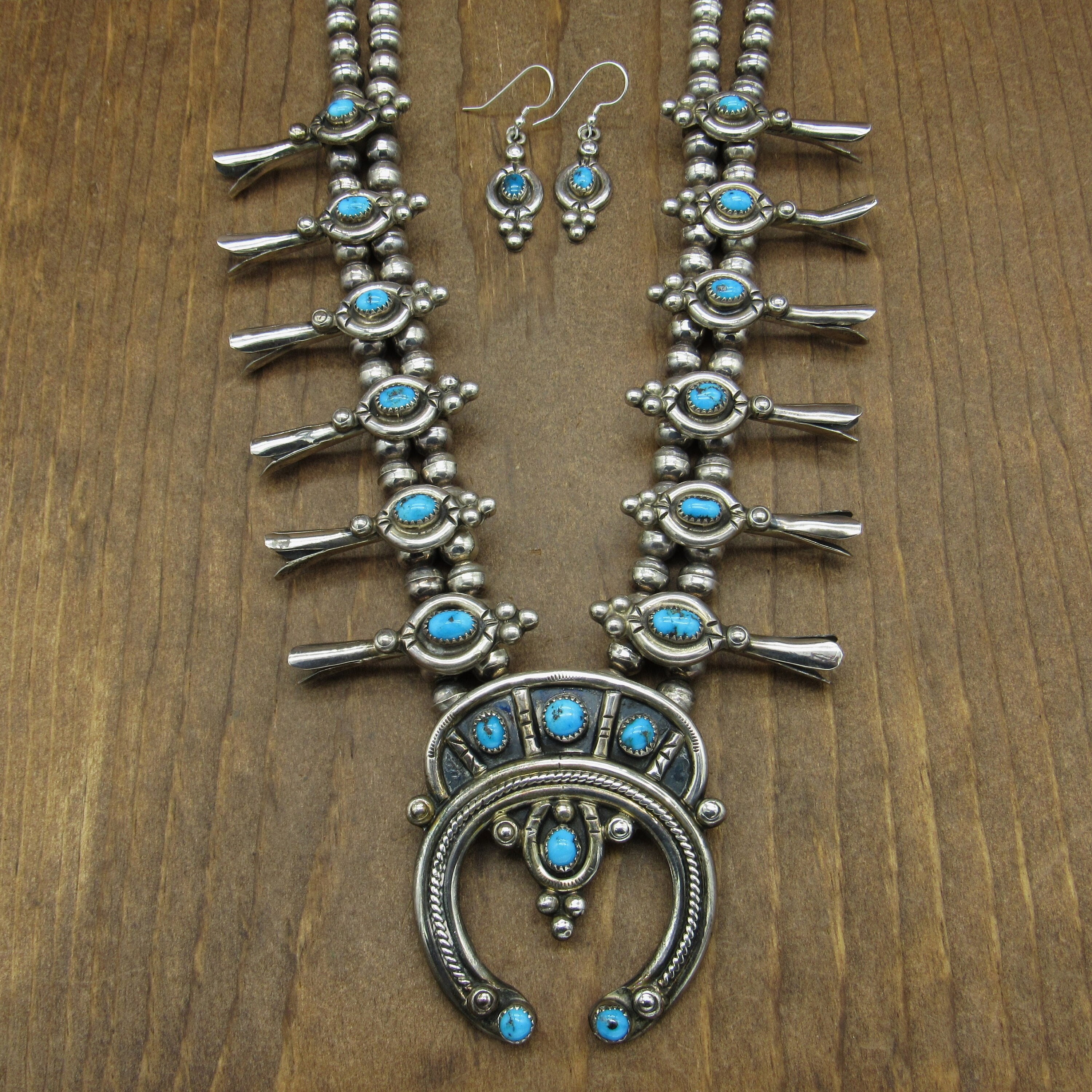 Paul Haley Vintage Native American Navajo Turquoise Sterling Silver Squash Blossom Necklace Paul Haley Vintage Native American Navajo Turquoise Sterling Silver Squash Blossom Necklace
