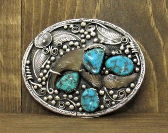 Vintage Navajo Sterling Silver And Turquoise Belt Buckle