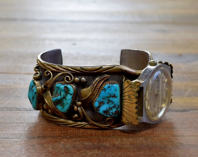 Vintage Navajo Gold Filled and Sterling Silver Turquoise Watch Cuff ...
