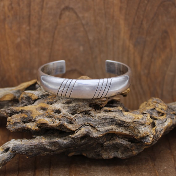 Sterling Silver Hollow Cuff Bracelet with Diagona… - image 1