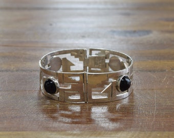 Sterling Silver and Black Onyx Hinged Link Bracelet from Mexico