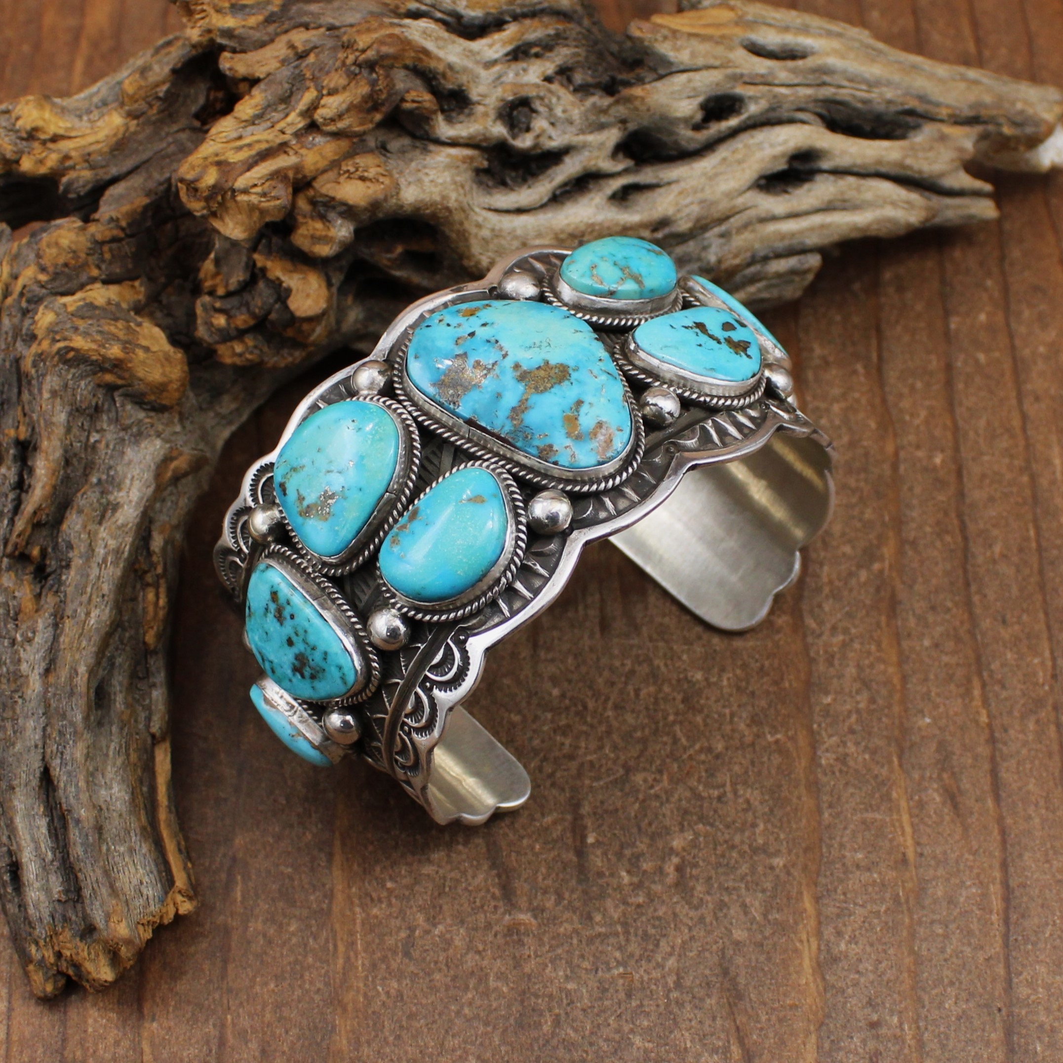 Navajo Darrell Cadman Sterling Silver Morenci Turquoise Stones 