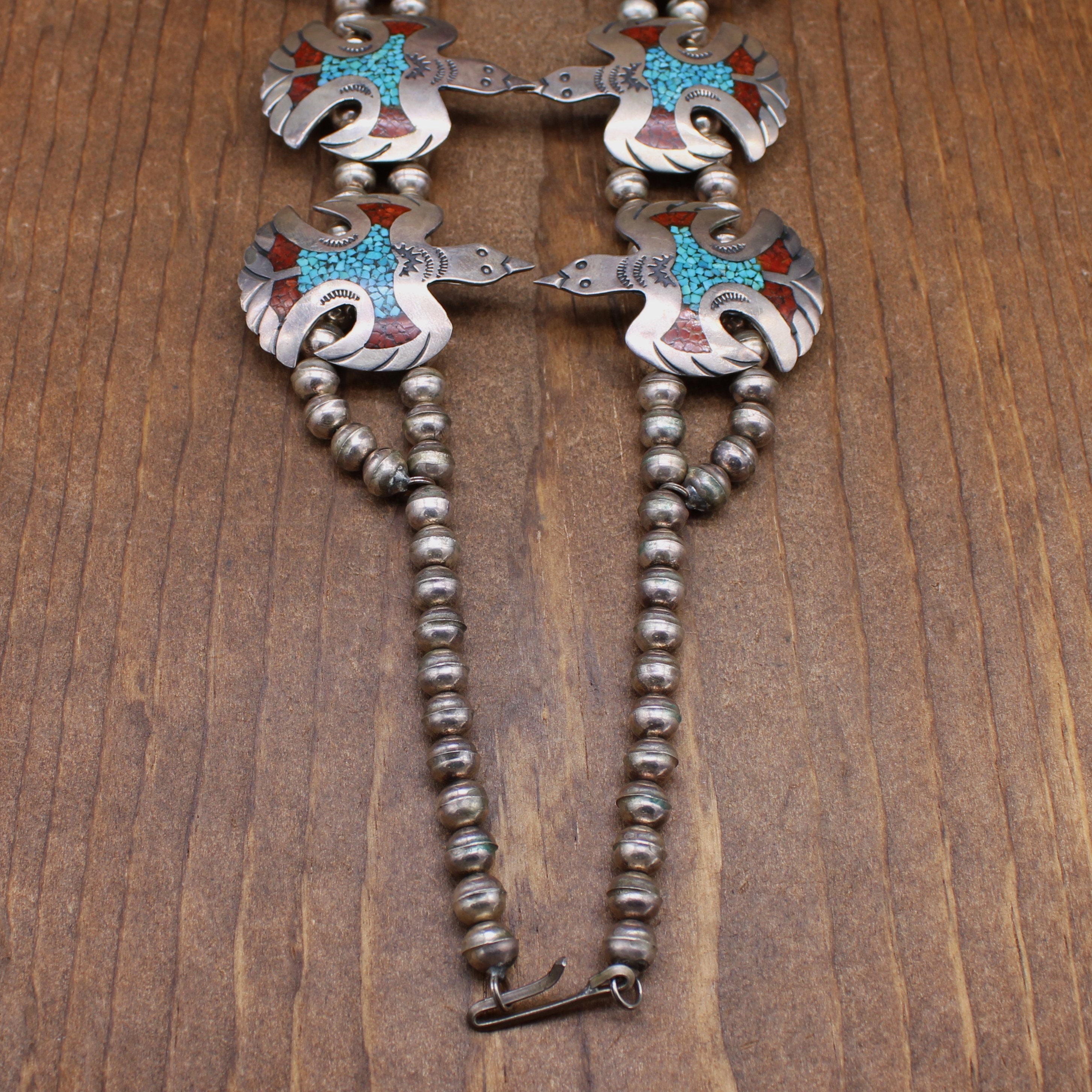 Sterling Silver Peyote Bird Squash Blossom With Chip Inlay