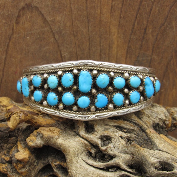 Vintage Sterling Silver Two Row Turquoise Cuff Br… - image 1