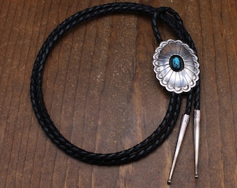 Sterling Silver Concho Style Turquoise Shadow Box Bolo Tie